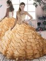 Exceptional Gold Ball Gowns Sweetheart Sleeveless Organza Brush Train Lace Up Beading and Ruffled Layers Ball Gown Prom Dress