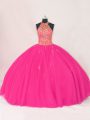 Classical Floor Length Lace Up 15 Quinceanera Dress Hot Pink for Sweet 16 and Quinceanera with Beading and Appliques