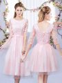 Inexpensive Baby Pink Empire Tulle Scoop Half Sleeves Lace and Belt Tea Length Lace Up Bridesmaid Dress