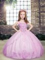 Lilac Ball Gowns Beading Little Girls Pageant Dress Lace Up Tulle Sleeveless Floor Length