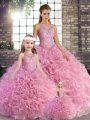 Stylish Ball Gowns Vestidos de Quinceanera Rose Pink Scoop Fabric With Rolling Flowers Sleeveless Floor Length Lace Up