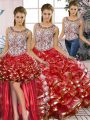 On Sale Organza Scoop Sleeveless Lace Up Beading and Ruffles Ball Gown Prom Dress in Red