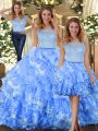 Flirting Light Blue Three Pieces Organza Scoop Sleeveless Lace and Ruffled Layers Floor Length Zipper Quinceanera Dresses
