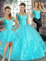 Dynamic Aqua Blue Tulle Lace Up Off The Shoulder Sleeveless Floor Length Quinceanera Dress Beading and Appliques