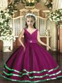 Custom Designed Organza V-neck Sleeveless Backless Beading and Ruching Pageant Dress for Girls in Purple