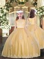 Gold Ball Gowns Appliques Little Girl Pageant Gowns Zipper Tulle Sleeveless Floor Length