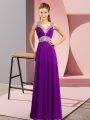 New Style Purple Empire Chiffon V-neck Sleeveless Beading Floor Length Lace Up Dress for Prom