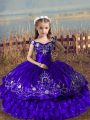 Purple Off The Shoulder Neckline Embroidery and Ruffled Layers Pageant Dress Toddler Sleeveless Lace Up