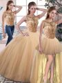 Exceptional Gold Tulle Lace Up Ball Gown Prom Dress Sleeveless Floor Length Beading