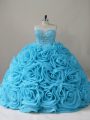 Fitting Baby Blue Ball Gowns Fabric With Rolling Flowers Sweetheart Sleeveless Beading Side Zipper Quinceanera Gowns Brush Train