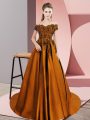 Excellent Brown Off The Shoulder Zipper Lace Quince Ball Gowns Court Train Sleeveless