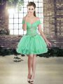 Off The Shoulder Sleeveless Homecoming Dress Mini Length Beading and Ruffles Apple Green Tulle