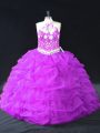 Halter Top Sleeveless Quince Ball Gowns Floor Length Beading and Pick Ups Purple Organza