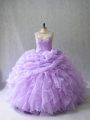 Lavender Ball Gowns Scoop Sleeveless Organza Brush Train Lace Up Beading and Ruffles Quince Ball Gowns