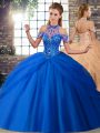 Lace Up 15 Quinceanera Dress Blue for Military Ball and Sweet 16 and Quinceanera with Beading and Pick Ups Brush Train