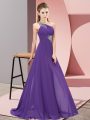 Purple Sleeveless Floor Length Beading Lace Up Evening Dress