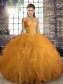Sleeveless Floor Length Beading and Ruffles Lace Up Sweet 16 Quinceanera Dress with Orange