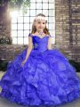 Low Price Straps Sleeveless Little Girls Pageant Dress Floor Length Beading and Ruffles Blue Organza