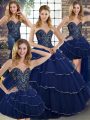 Extravagant Navy Blue Quince Ball Gowns Military Ball and Sweet 16 and Quinceanera with Beading and Ruffled Layers Sweetheart Sleeveless Brush Train Lace Up