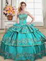 Satin and Organza Sweetheart Sleeveless Lace Up Embroidery and Ruffled Layers Quinceanera Dress in Aqua Blue