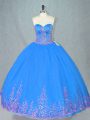 Blue Sweetheart Lace Up Beading and Embroidery Ball Gown Prom Dress Sleeveless
