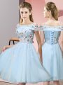 Eye-catching Light Blue Empire Tulle Off The Shoulder Short Sleeves Appliques Knee Length Lace Up Bridesmaid Dress