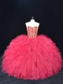 Coral Red Ball Gowns Beading and Ruffles Quinceanera Gown Lace Up Tulle Sleeveless