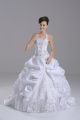 Pretty Taffeta Halter Top Sleeveless Brush Train Lace Up Beading and Embroidery and Pick Ups Wedding Dress in White