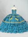 Latest Teal Lace Up Sweetheart Embroidery and Ruffled Layers Quinceanera Gowns Satin and Organza Sleeveless Brush Train
