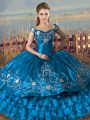 Floor Length Teal 15th Birthday Dress Satin and Organza Sleeveless Embroidery and Ruffles