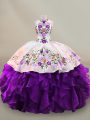 White And Purple Sleeveless Floor Length Embroidery Lace Up 15 Quinceanera Dress