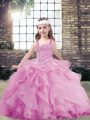 Trendy Beading and Ruffles Pageant Dress for Girls Lilac Lace Up Sleeveless Floor Length