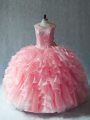 Super Pink Ball Gowns Organza Scoop Sleeveless Beading and Ruffles Lace Up Sweet 16 Quinceanera Dress
