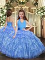 Cute Floor Length Blue Pageant Gowns For Girls Organza Sleeveless Ruffled Layers