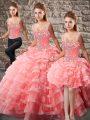 Watermelon Red Lace Up Straps Beading and Ruffled Layers Sweet 16 Quinceanera Dress Organza Sleeveless Court Train