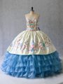 Satin and Organza Sweetheart Sleeveless Lace Up Embroidery and Ruffled Layers Sweet 16 Dress in Blue And White