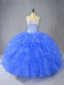 Most Popular Blue Sweetheart Neckline Beading and Ruffles Quinceanera Dresses Sleeveless Lace Up