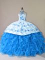 Blue Lace Up Halter Top Embroidery and Ruffles Vestidos de Quinceanera Organza Sleeveless Court Train