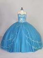 Sleeveless Tulle Brush Train Lace Up Quinceanera Dresses in Blue with Beading