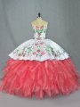 Watermelon Red Satin and Organza Lace Up Quinceanera Dresses Sleeveless Embroidery and Ruffles