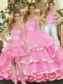 Sophisticated Floor Length Lace Up Vestidos de Quinceanera Rose Pink for Military Ball and Sweet 16 and Quinceanera with Ruffled Layers