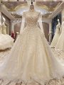 Customized White Tulle Lace Up Wedding Dresses Long Sleeves Court Train Appliques