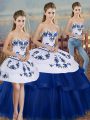 Latest Sweetheart Sleeveless Quince Ball Gowns Floor Length Embroidery and Bowknot Royal Blue Tulle