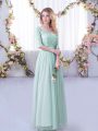 Light Blue Bridesmaid Dresses Wedding Party with Lace and Belt V-neck Half Sleeves Side Zipper