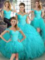 Shining Ball Gowns 15th Birthday Dress Aqua Blue Off The Shoulder Tulle Sleeveless Floor Length Lace Up