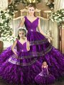 Purple Sleeveless Beading and Embroidery and Ruffles Floor Length Quinceanera Gown
