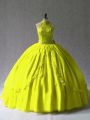 Sleeveless Tulle Floor Length Lace Up 15th Birthday Dress in Yellow Green with Appliques