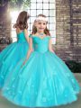 Sleeveless Tulle Floor Length Lace Up Child Pageant Dress in Aqua Blue with Beading and Hand Made Flower