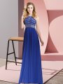 Royal Blue Empire Beading Prom Dress Backless Chiffon Sleeveless Floor Length