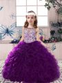 Floor Length Lace Up Little Girls Pageant Dress Wholesale Purple for Party and Military Ball and Wedding Party with Beading and Ruffles
